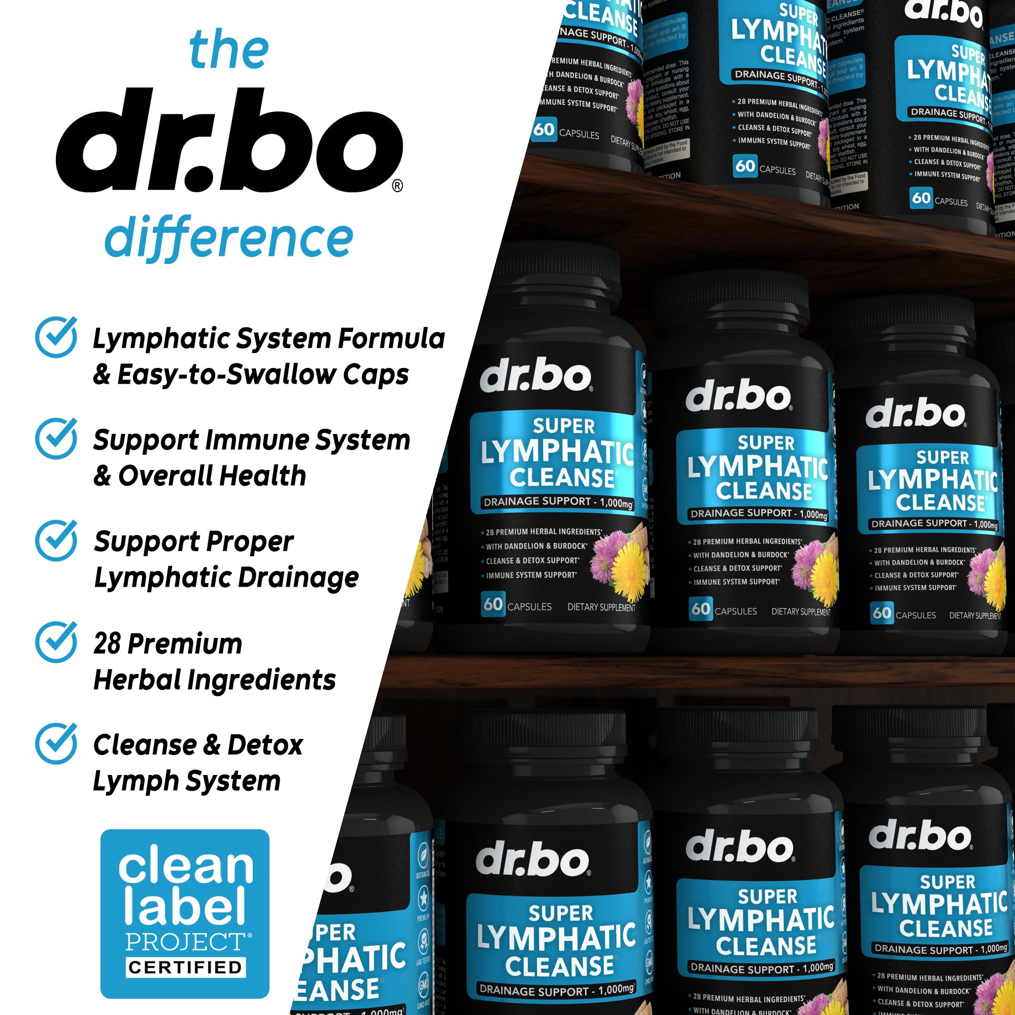 DR. BO Lymphatic label detail showcases ingredients and usage guidance.