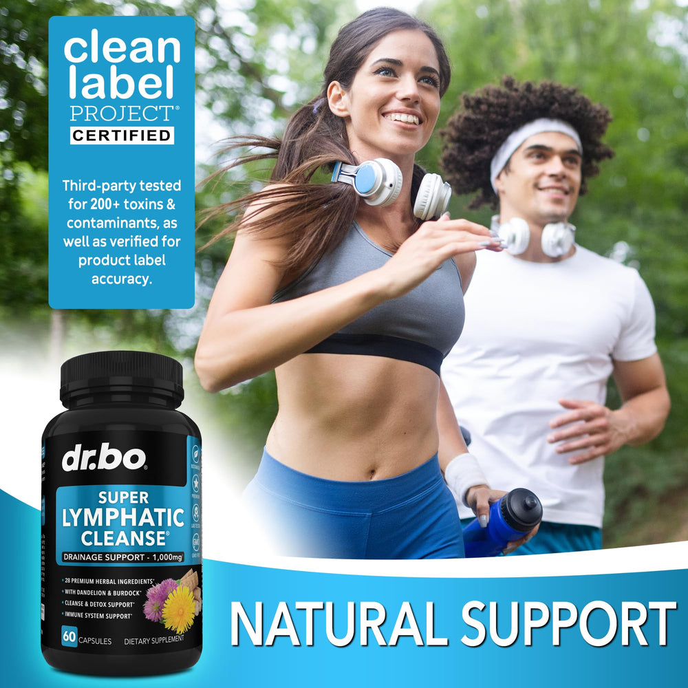 DR. BO Lymphatic packaging shot illustrates bottle shape and branding.