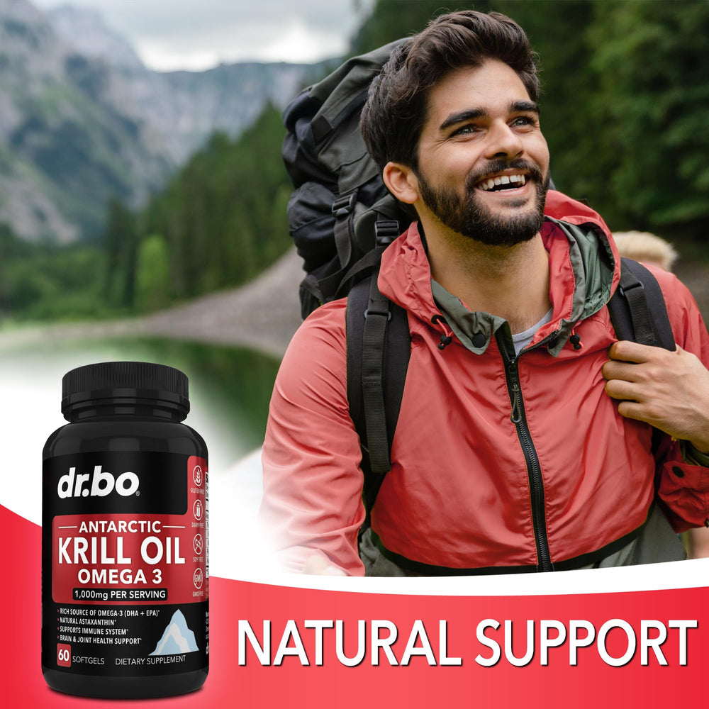 DR. BO Krill Oil capsules emphasize EPA, DHA and phospholipids for daily omega-3.