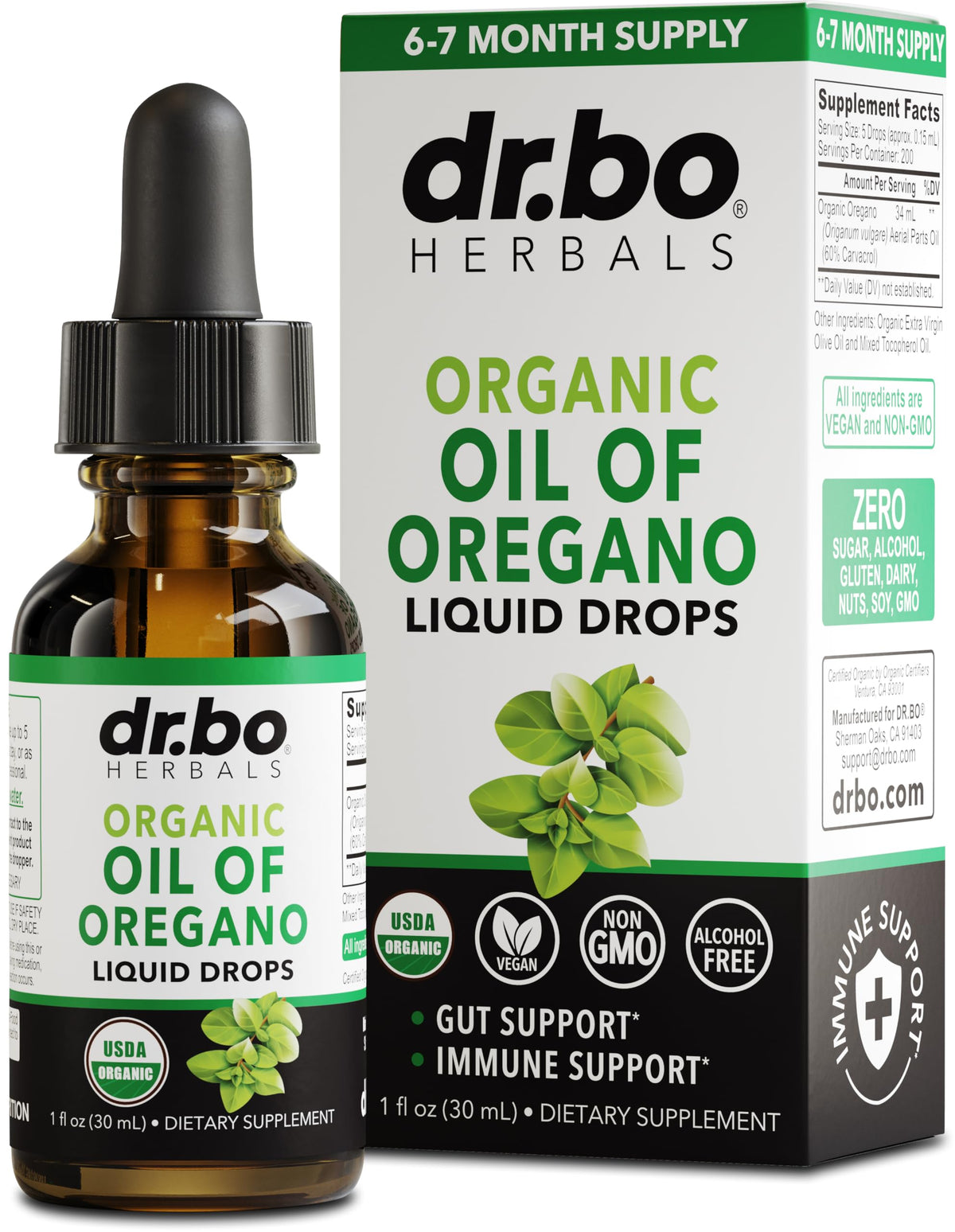 DR. BO Oregano Oil Drops bottle on wood highlighting immune support and gut balance