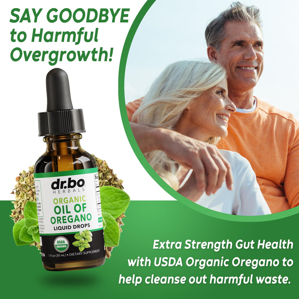 DR. BO Oregano Oil Drops dropper in action for precise dosing and gut health