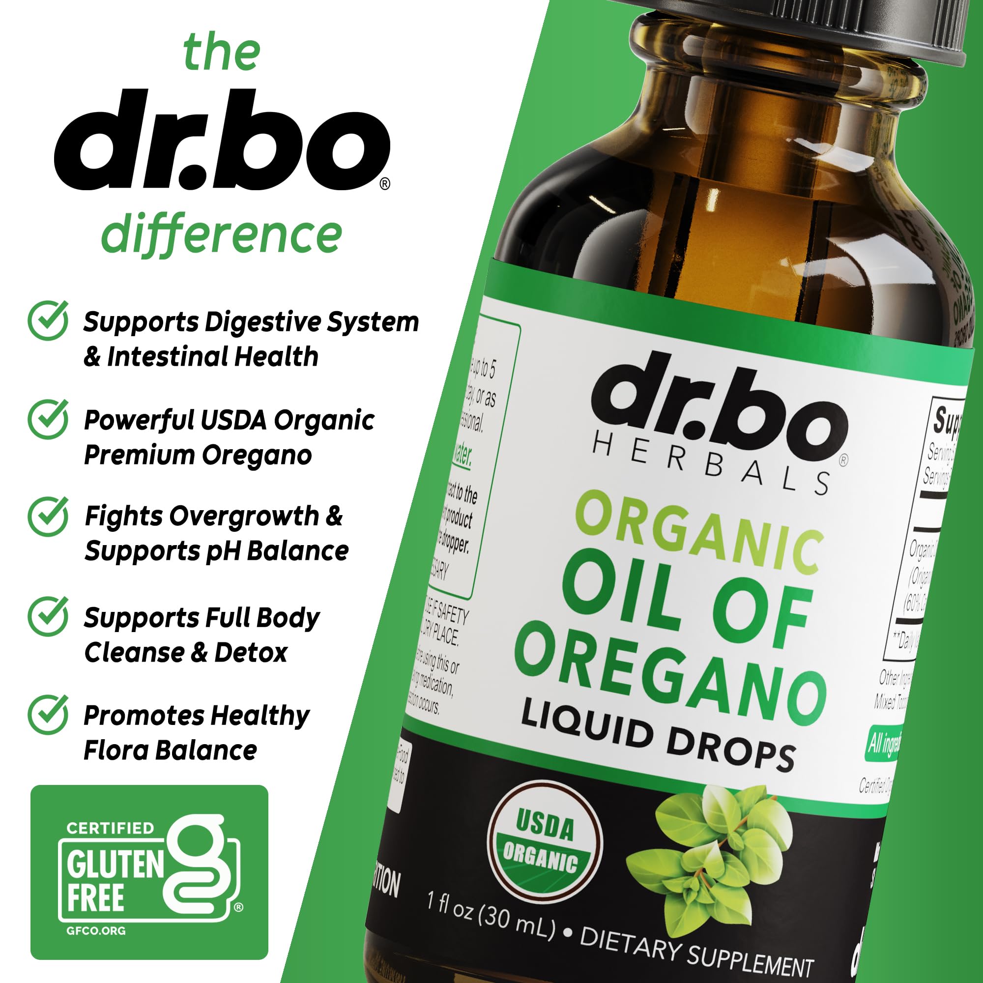 DR. BO Oregano Oil Drops label with USDA Organic and carvacrol-rich content for gut balance