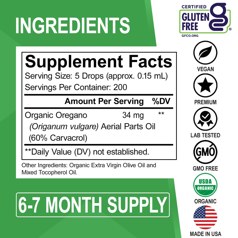 DR. BO Oregano Oil Drops certification seals emphasize purity and organic sourcing