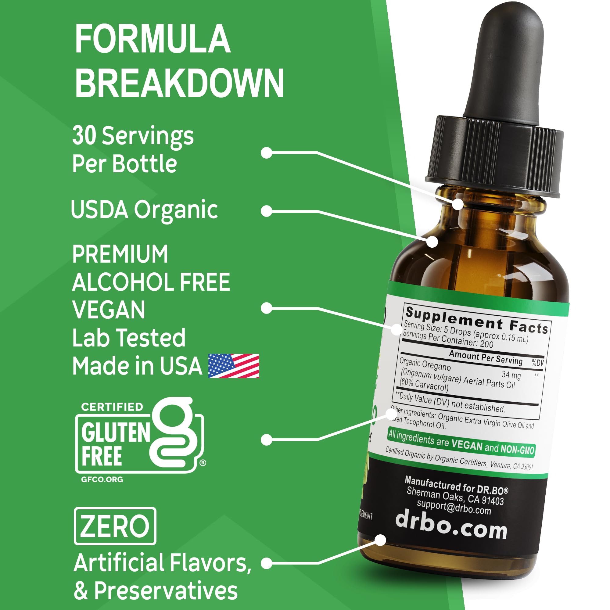 DR. BO Oregano Oil Drops packaging design with eco-friendly elements