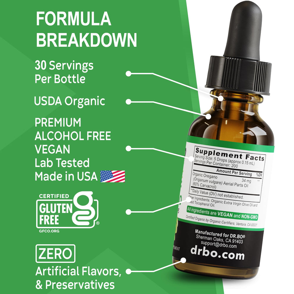 DR. BO Oregano Oil Drops packaging design with eco-friendly elements