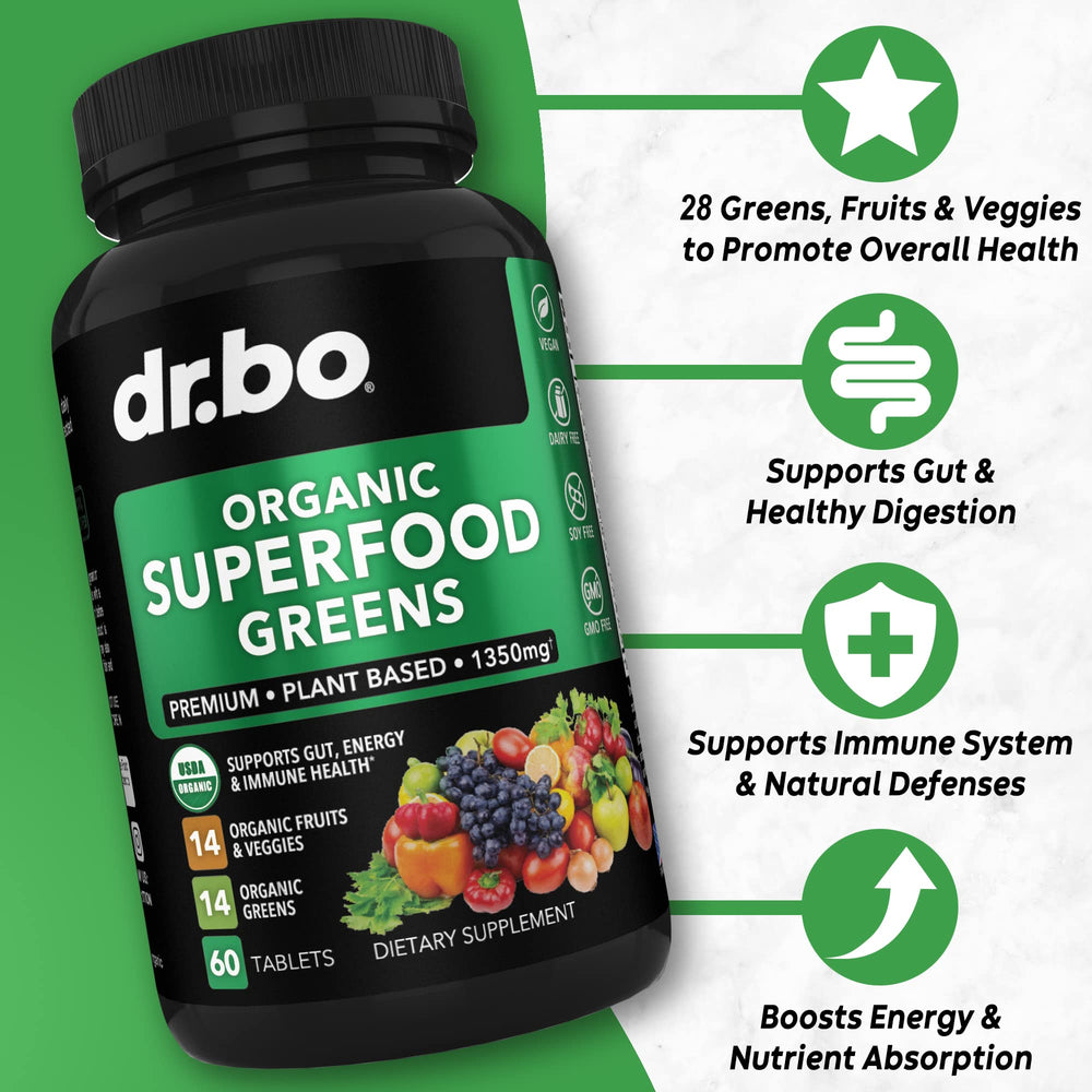 Close-up of DR. BO greens tablets highlighting easy swallowing