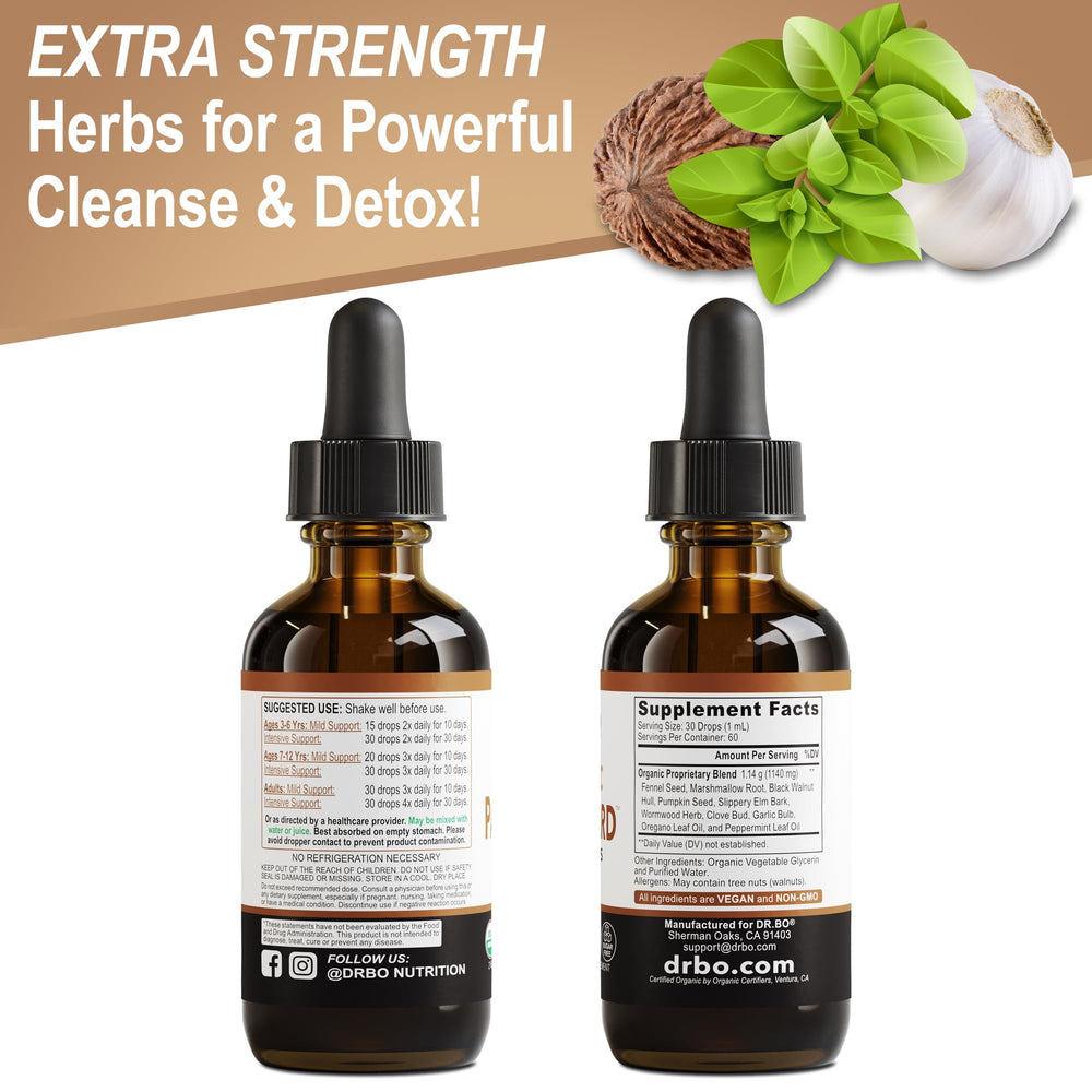 DR. BO ParaGuard label detail underscores natural ingredients and organic certification.