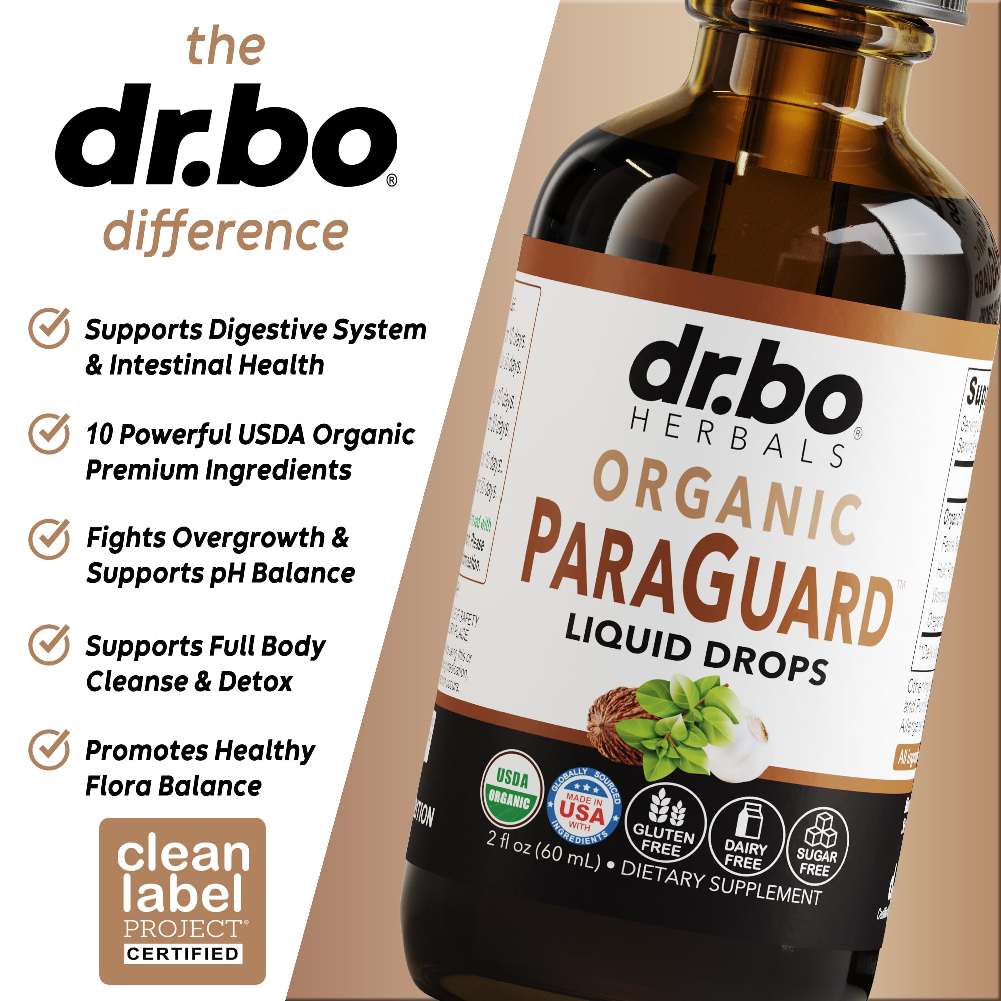 DR. BO ParaGuard dropper drops demonstrate simple at-home gut care routine.