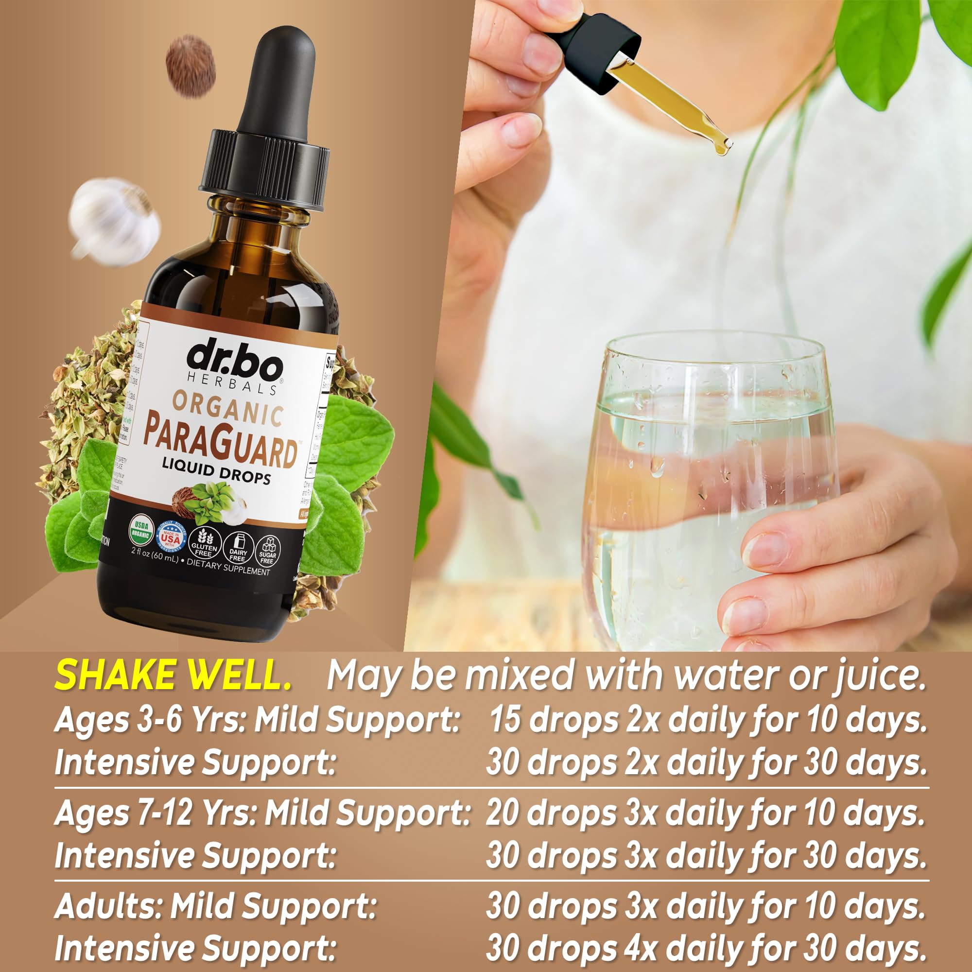 DR. BO ParaGuard herbal blend in glass emphasizes organic, non-GMO formulation.