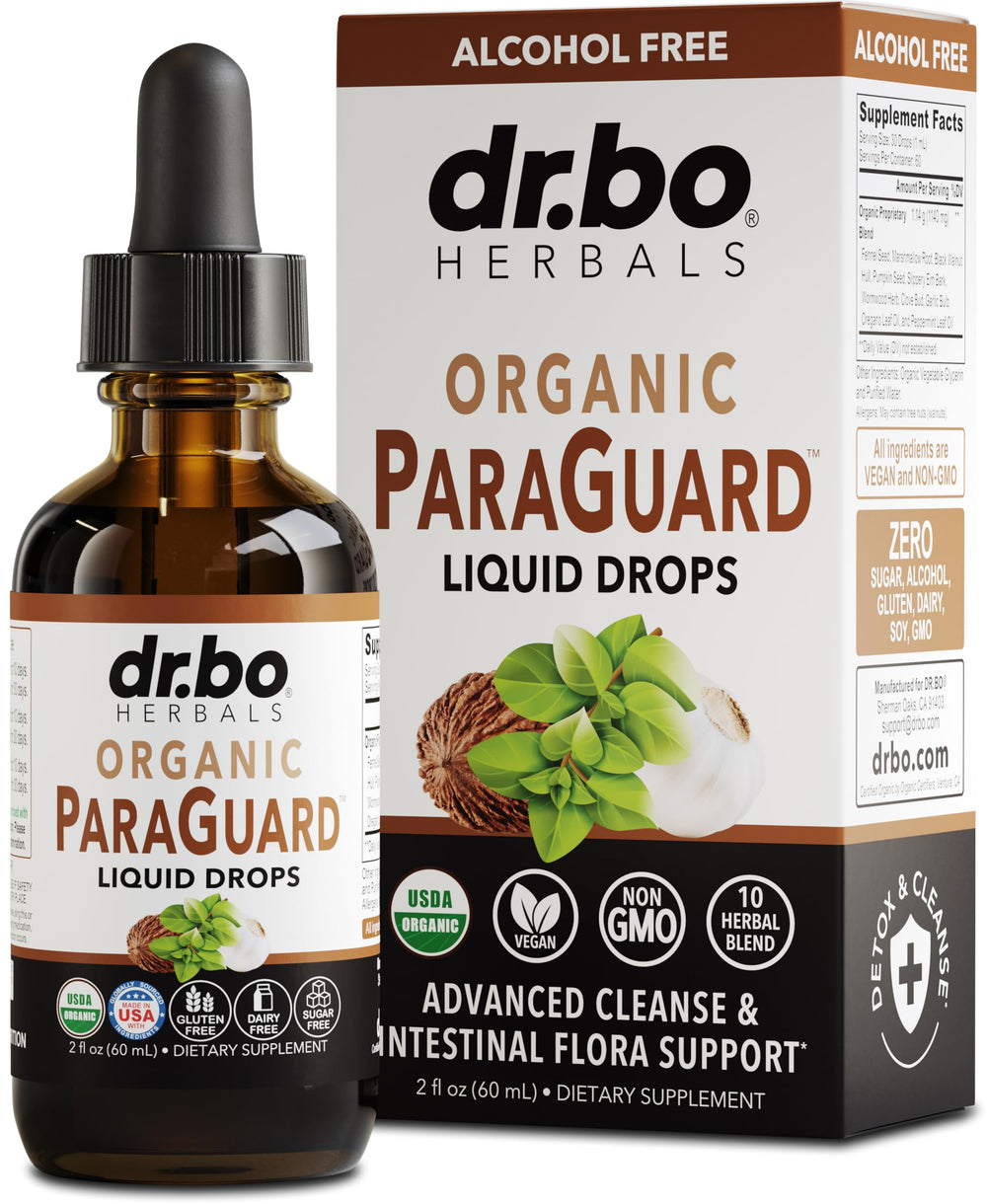 DR. BO ParaGuard bottle front view highlighting organic gut-support blend for daily wellness.