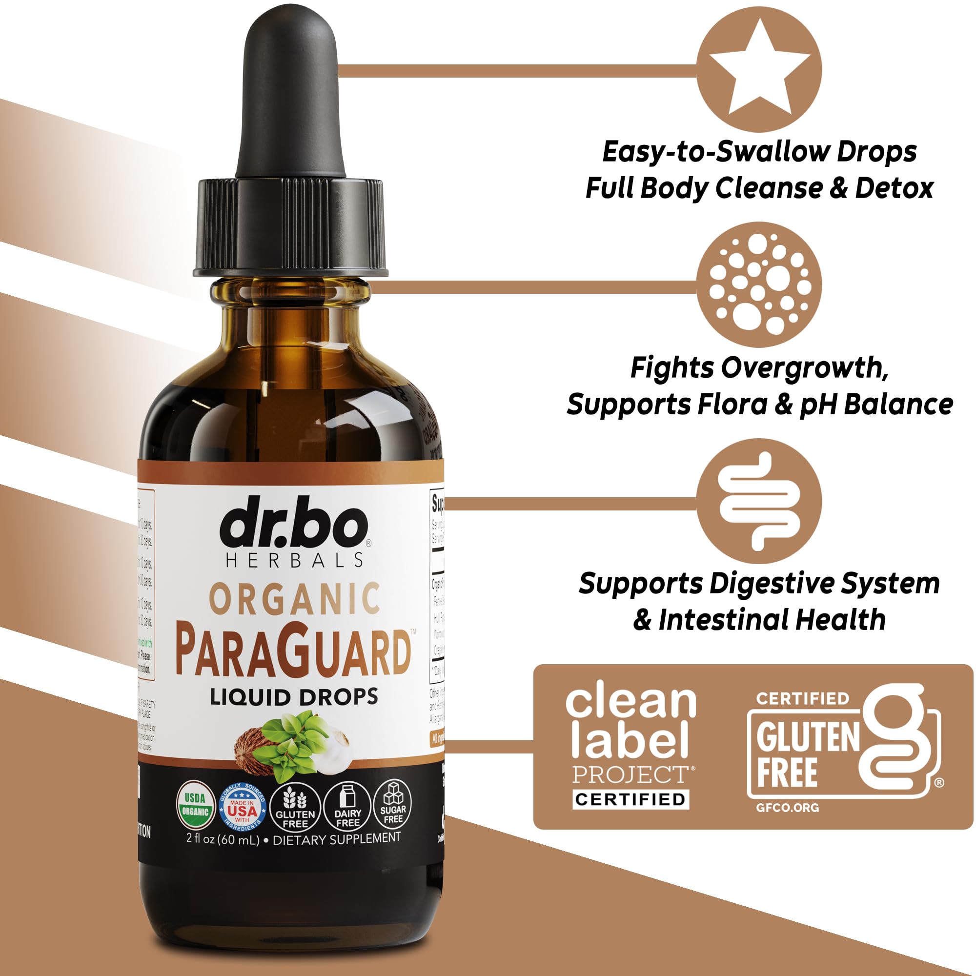 DR. BO ParaGuard bottle side view emphasizing easy dropper dosing for convenient use.
