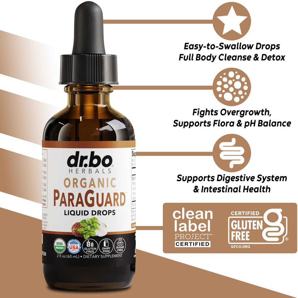 DR. BO ParaGuard bottle side view emphasizing easy dropper dosing for convenient use.