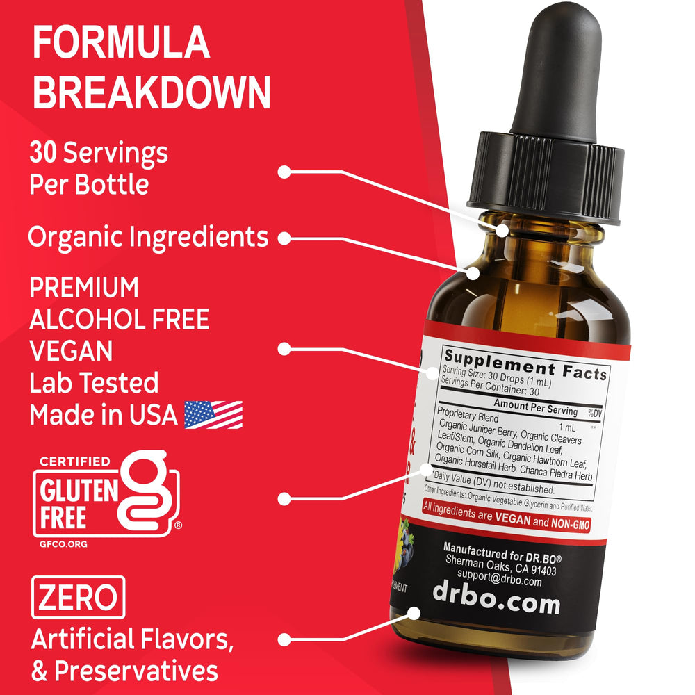 DR. BO renal detox drops in a clear bottle for easy daily use.