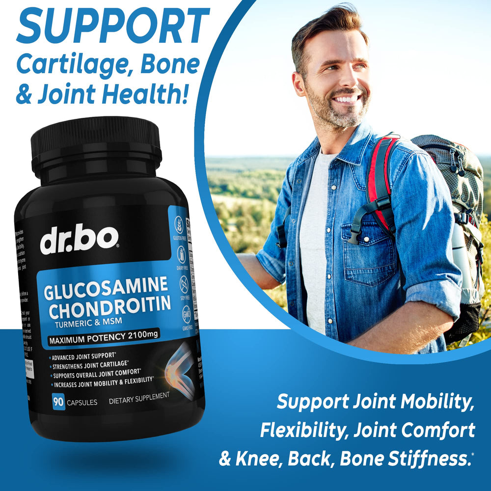 DR. BO turmeric root and capsules highlighting joint care ingredients.