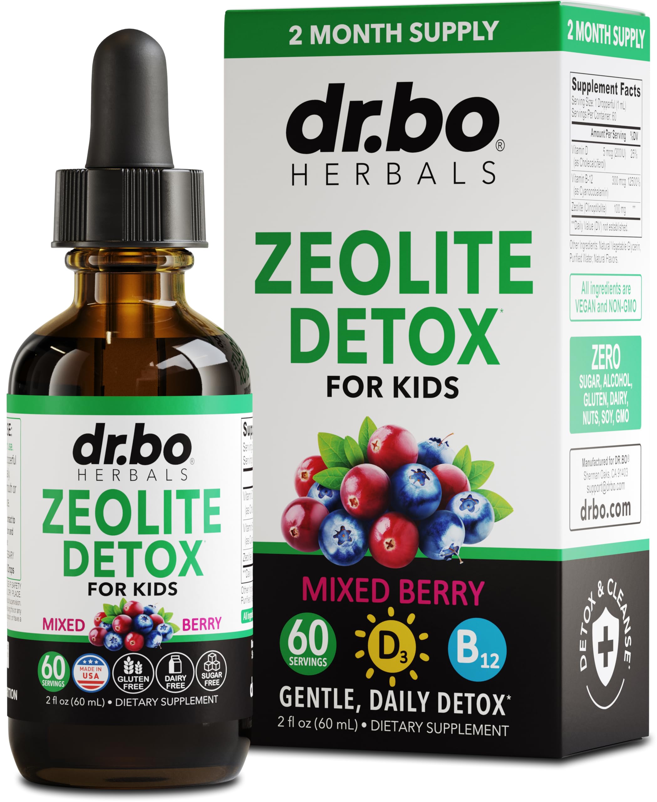 DR. BO Zeolite Kids Drops bottle pour for easy daily detox ritual