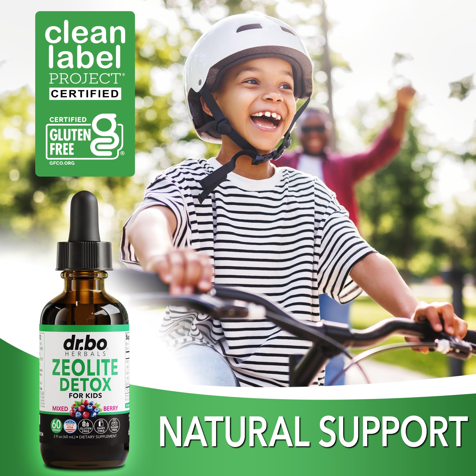 DR. BO Zeolite Kids Drops dosing guide graphic supports accurate supplementation