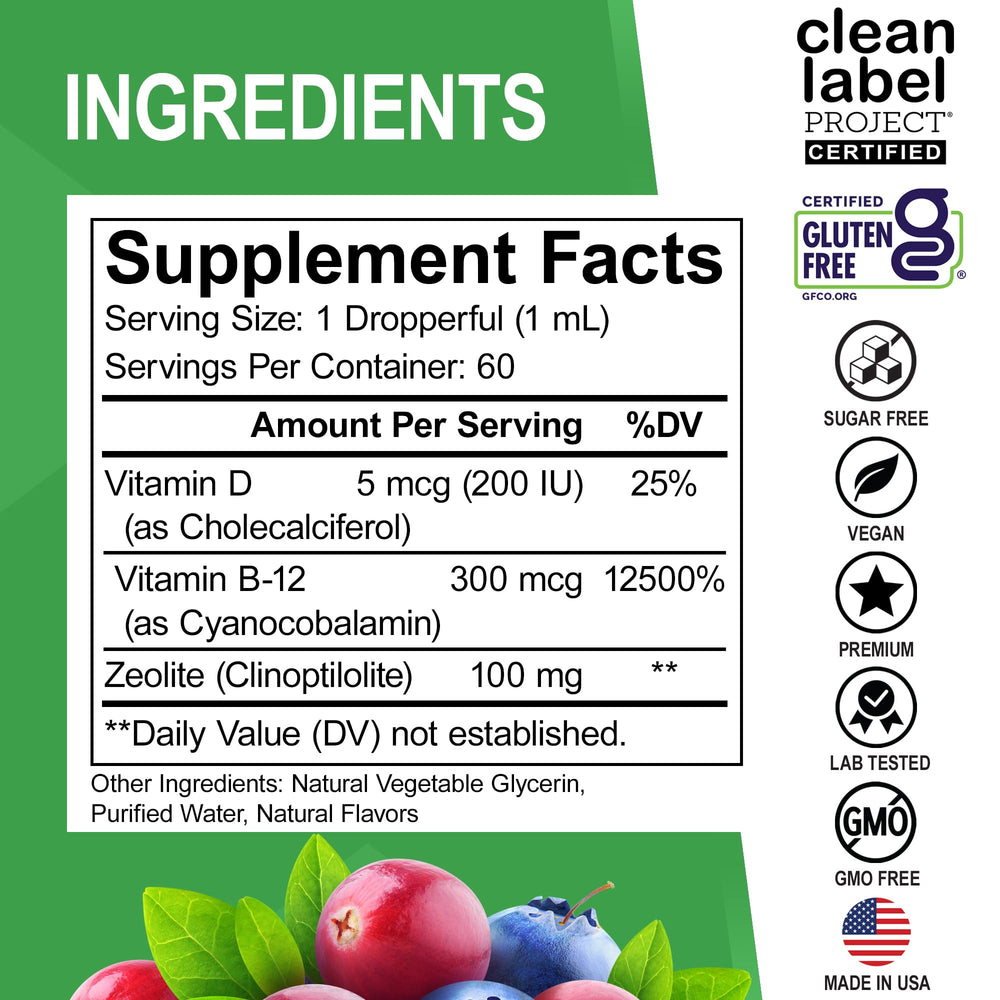DR. BO Zeolite Kids Drops label close-up highlights vitamins B12 and D