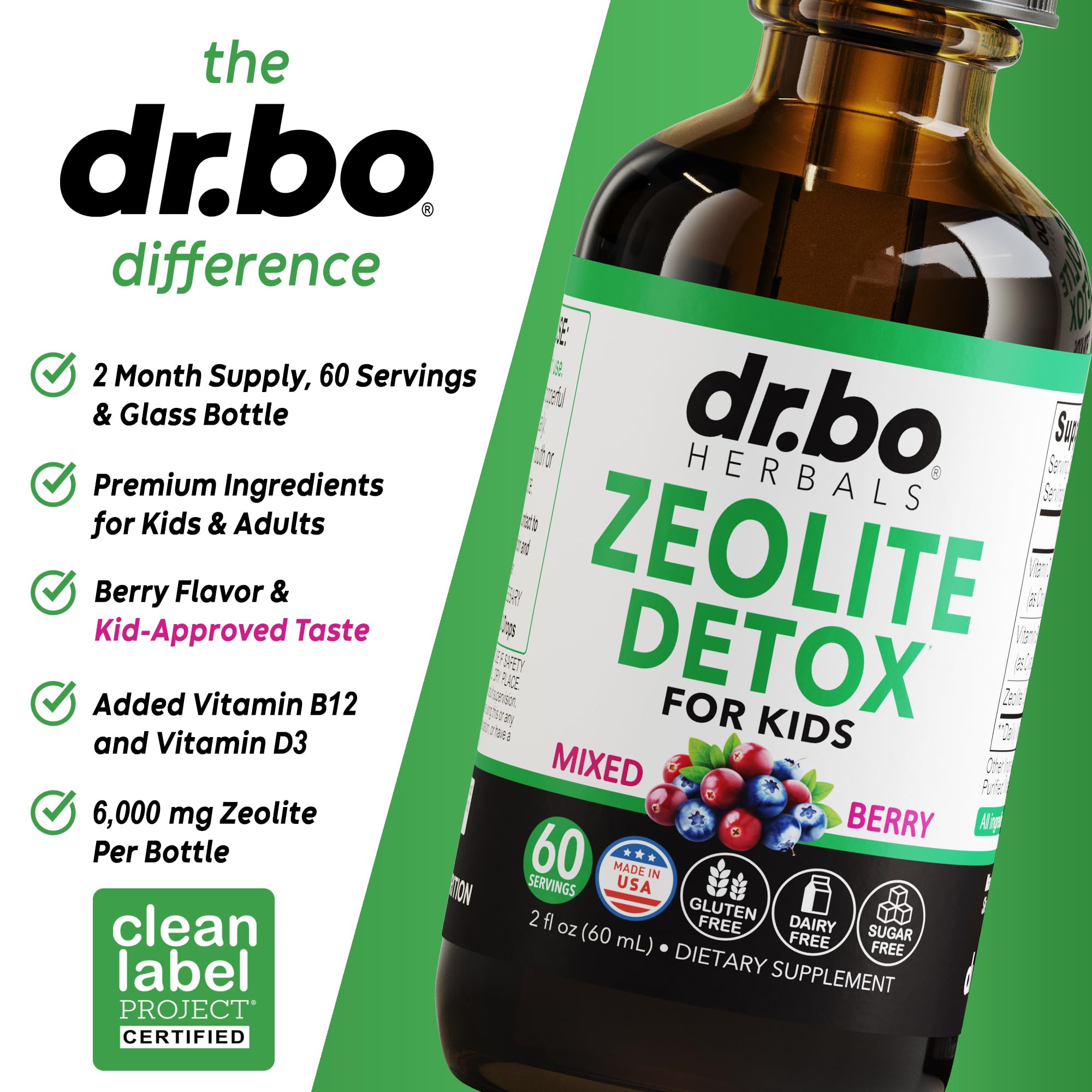 DR. BO Zeolite Kids Drops being mixed in water for easy ingestion