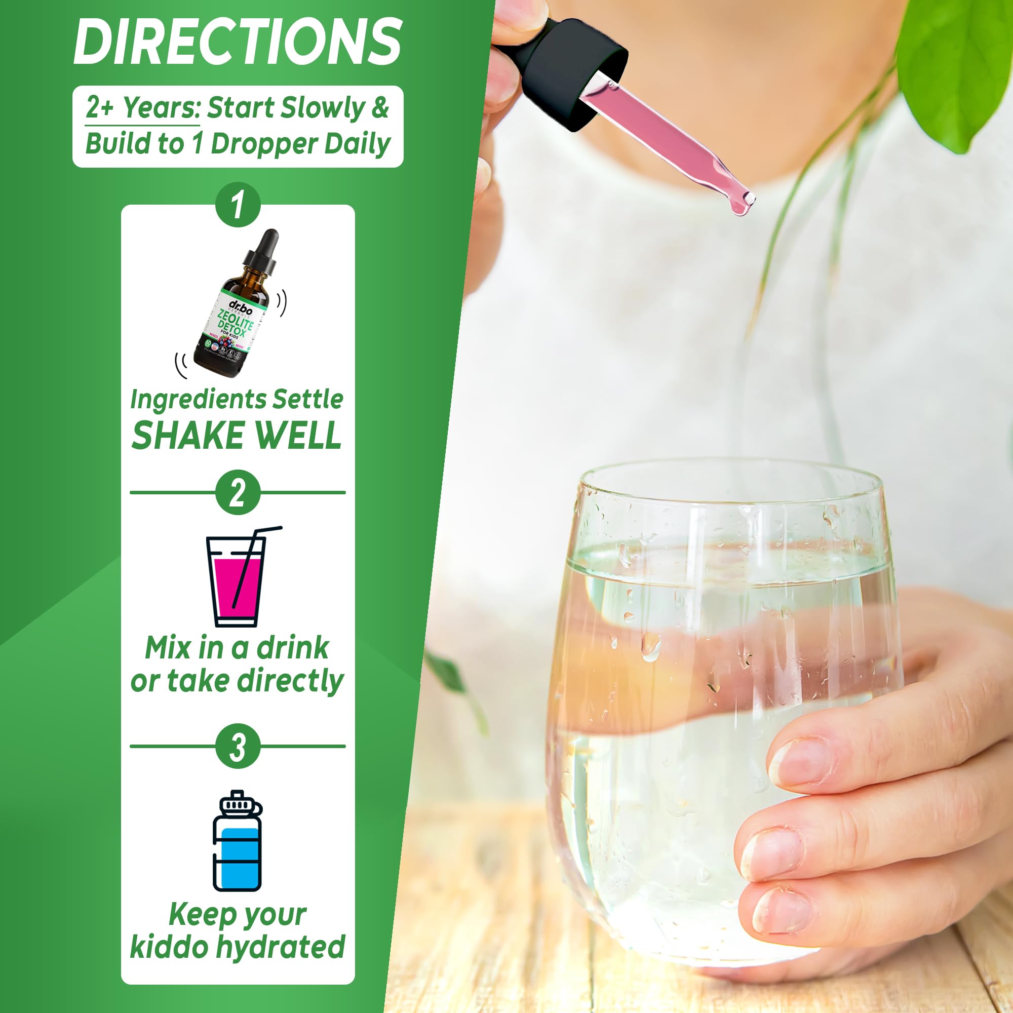 DR. BO Zeolite Kids Drops packaging box emphasizes gentle detox support for children