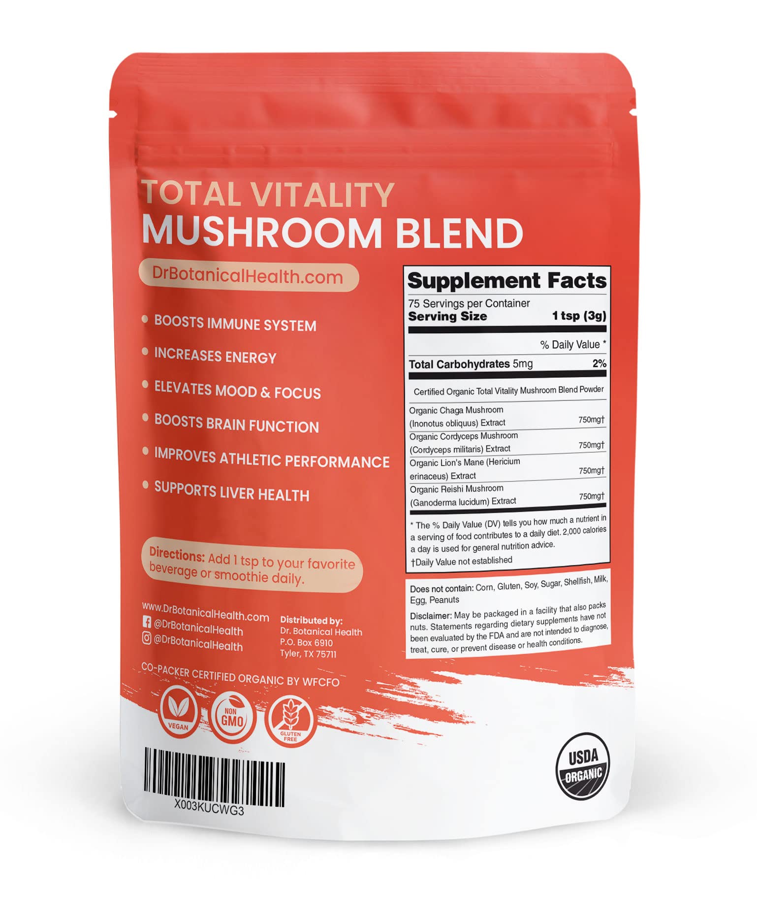 Dr. Botanical Health Mushroom powder in coffee mug for a smooth ritual.