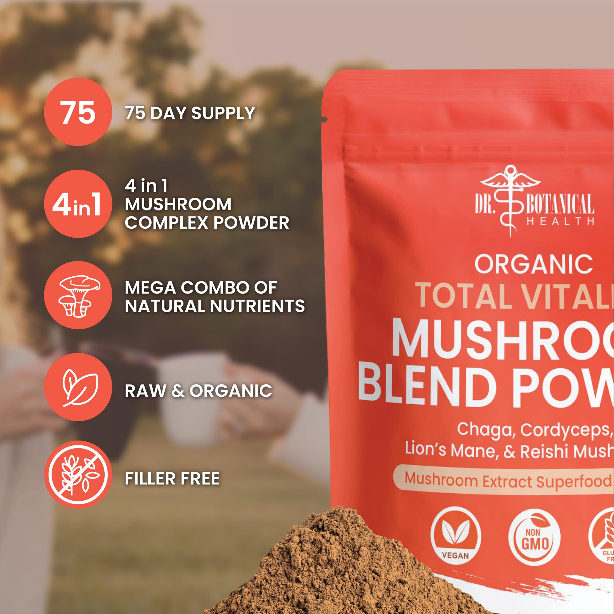 Dr. Botanical Health Mushroom powder scoop for easy daily mixing.