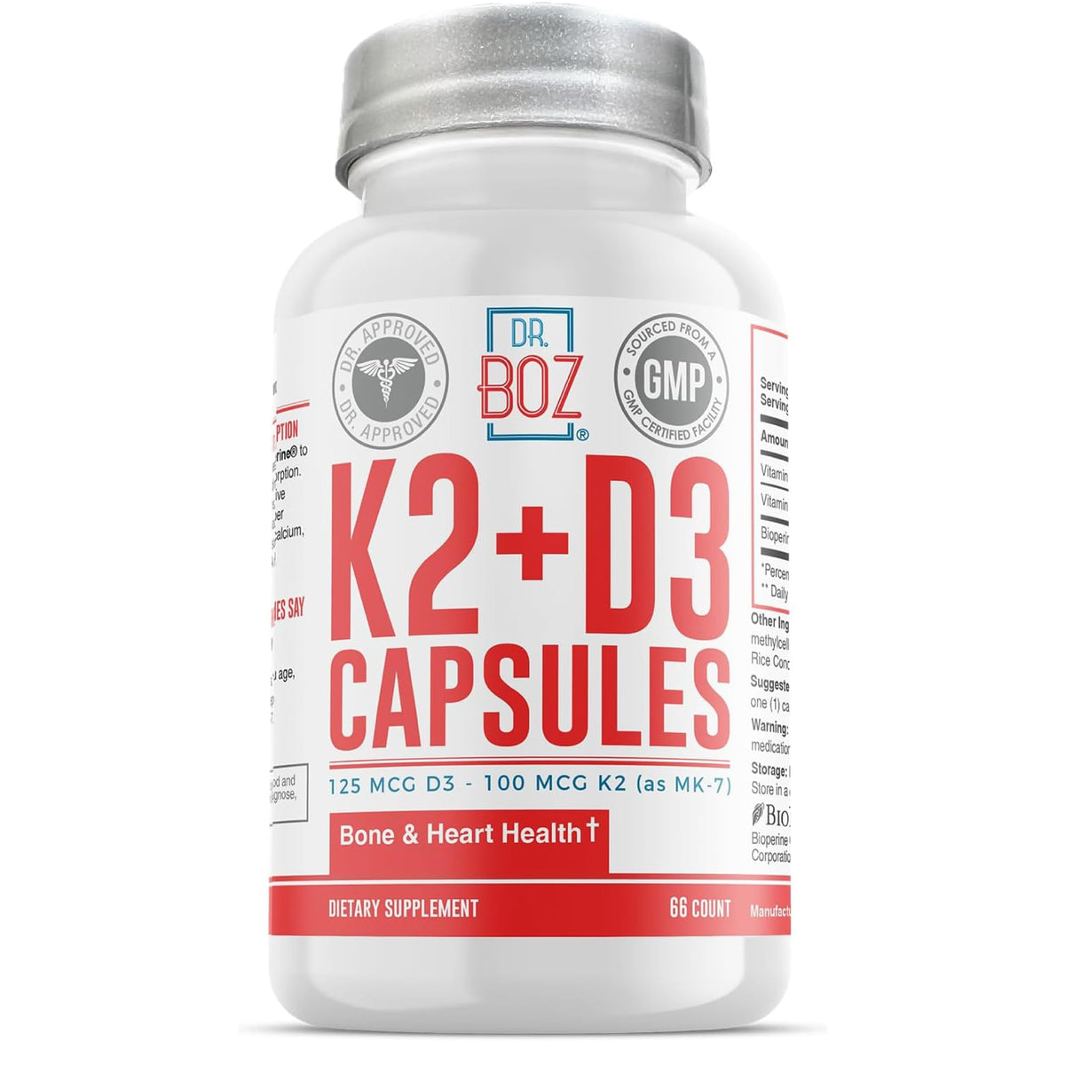 Dr. Boz K2D3 capsules bottle with sleek packaging signaling a bone-supporting supplement