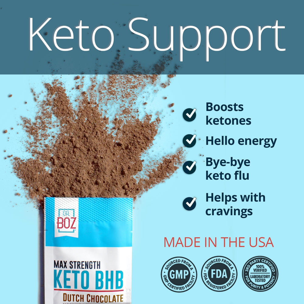 Dr. Boz Keto BHB Dutch Chocolate sachet back view with usage tips and clean taste