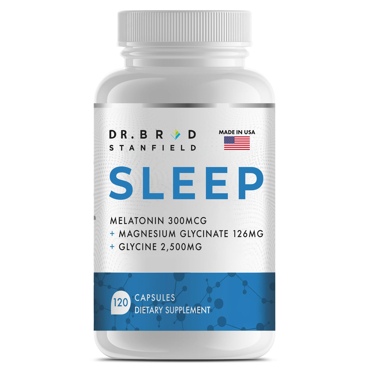 Dr Brad Stanfield melatonin bottle with 0.3 mg dose and clean label for gentle sleep onset