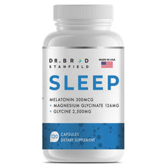 Dr Brad Stanfield melatonin bottle with 0.3 mg dose and clean label for gentle sleep onset