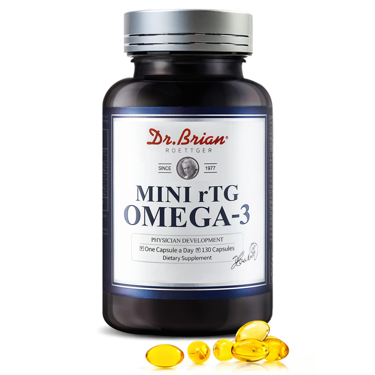 Dr.Brian Fish Oil bottle highlighting ultra absorption with rTG omega-3.