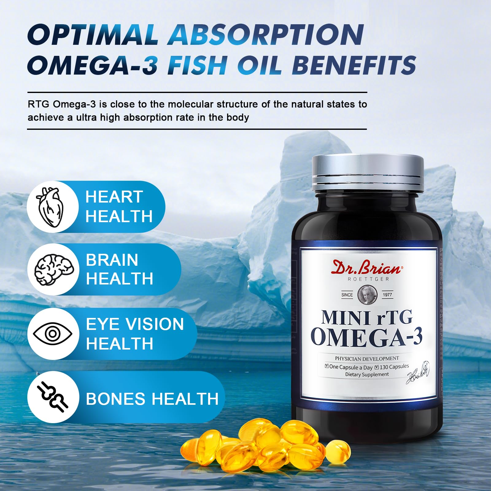 Dr.Brian Fish Oil capsules pouring into a glass with no fishy aftertaste.