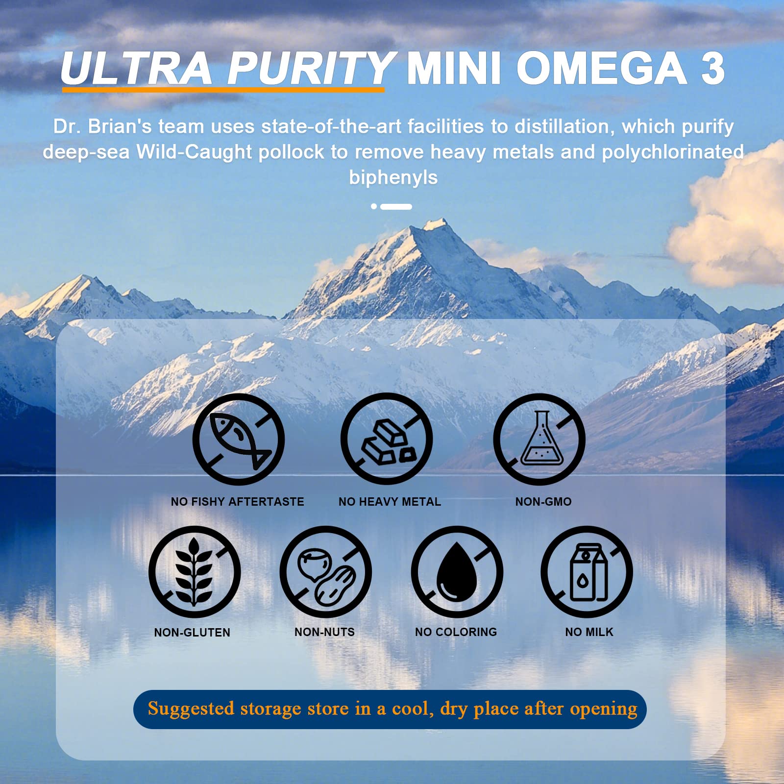 Dr.Brian Fish Oil content highlight wild-caught pollock origin and toxin purification.
