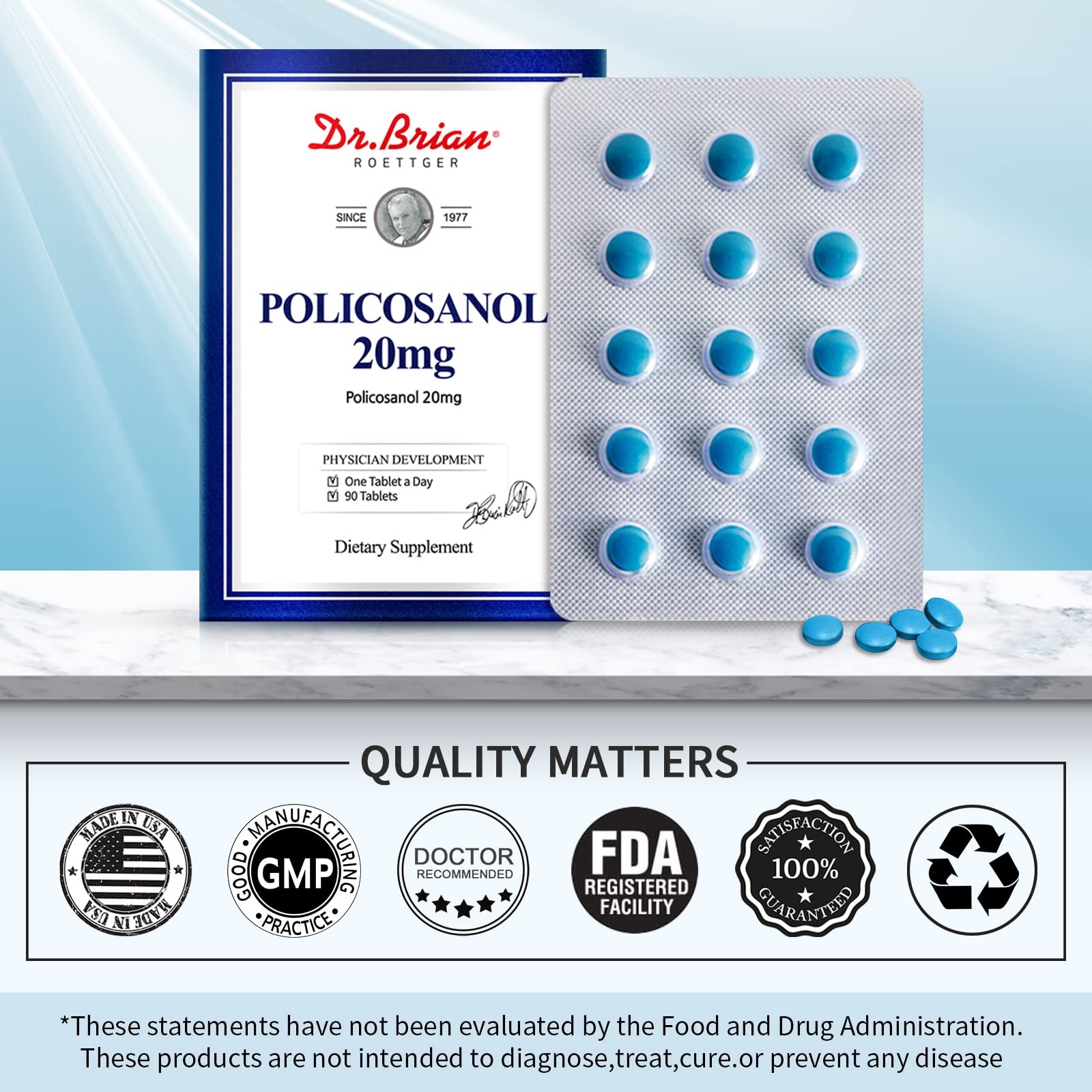 DR.BRIAN ROETTGER Policosanol 20mg label closeup highlighting ingredients.
