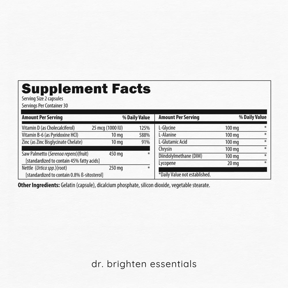 Dr. Brighten Saw Palmetto Plus packaging hints at clearer skin.