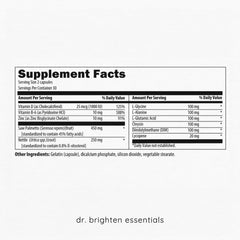 Dr. Brighten Saw Palmetto Plus packaging hints at clearer skin.