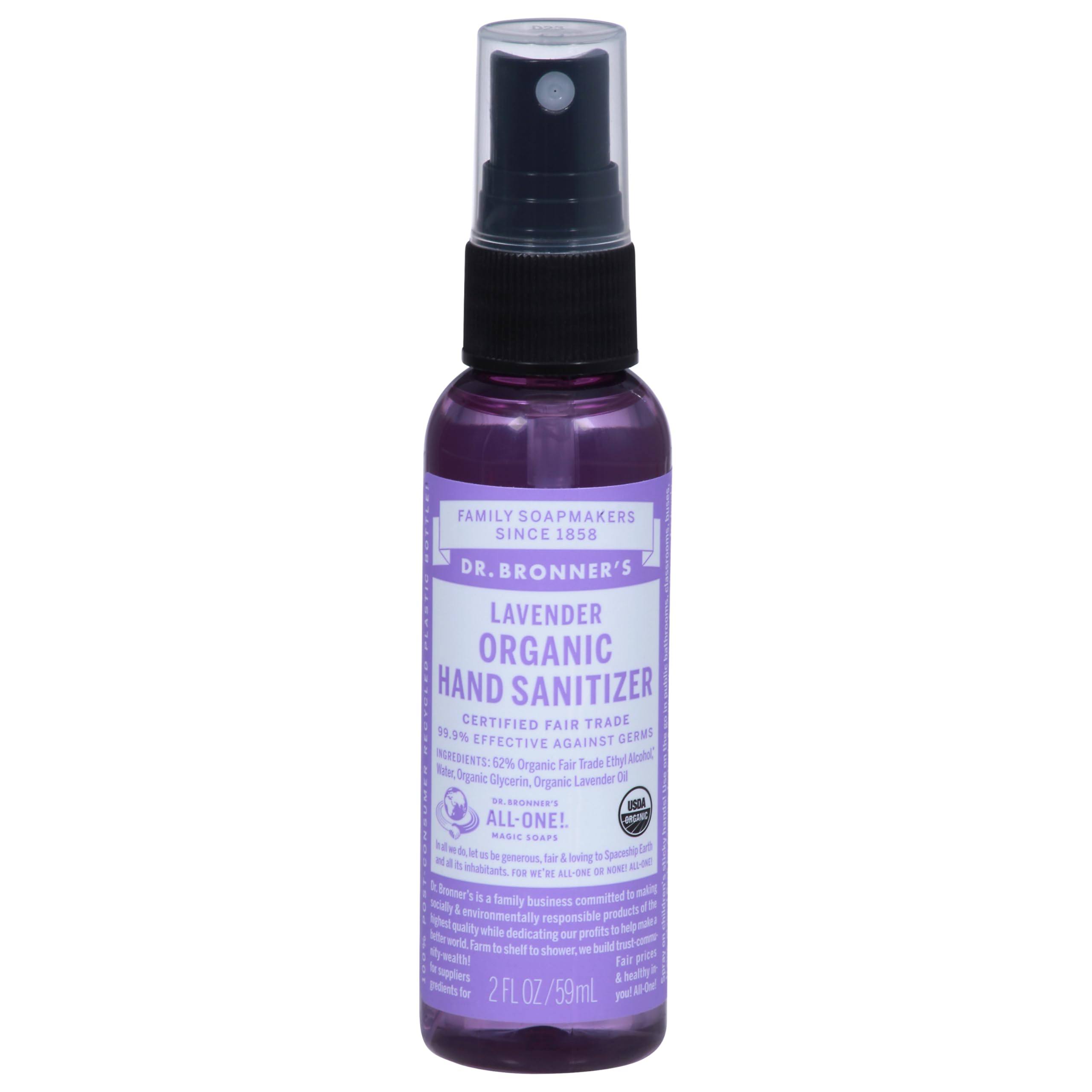 Dr. Bronner's Lavender Hand Sanitizer bottle; portable scent and quick cleansing on the go