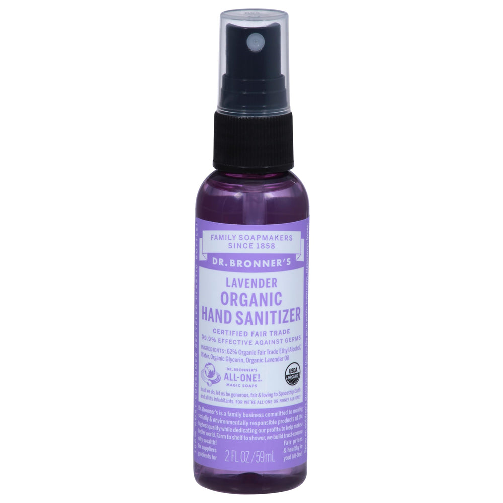 Dr. Bronner's Lavender Hand Sanitizer bottle; portable scent and quick cleansing on the go
