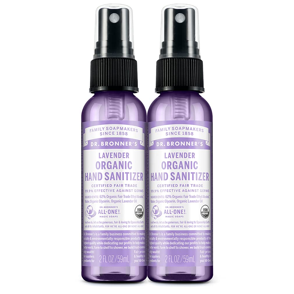 Dr. Bronner's lavender hand sanitizer spray bottle for travel and on-the-go cleansing.