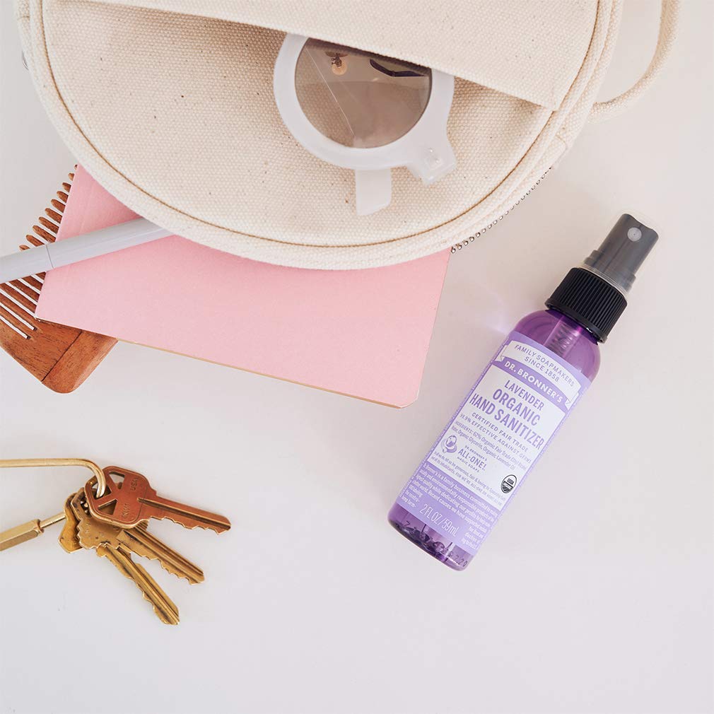 Dr. Bronner's lavender sanitizer spray used in a classroom for quick hand cleansing.