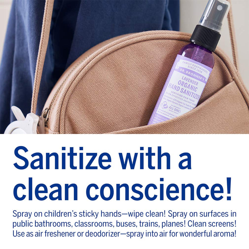 Travel-friendly Dr. Bronner's lavender spray bottle with simple organic formula packaging.