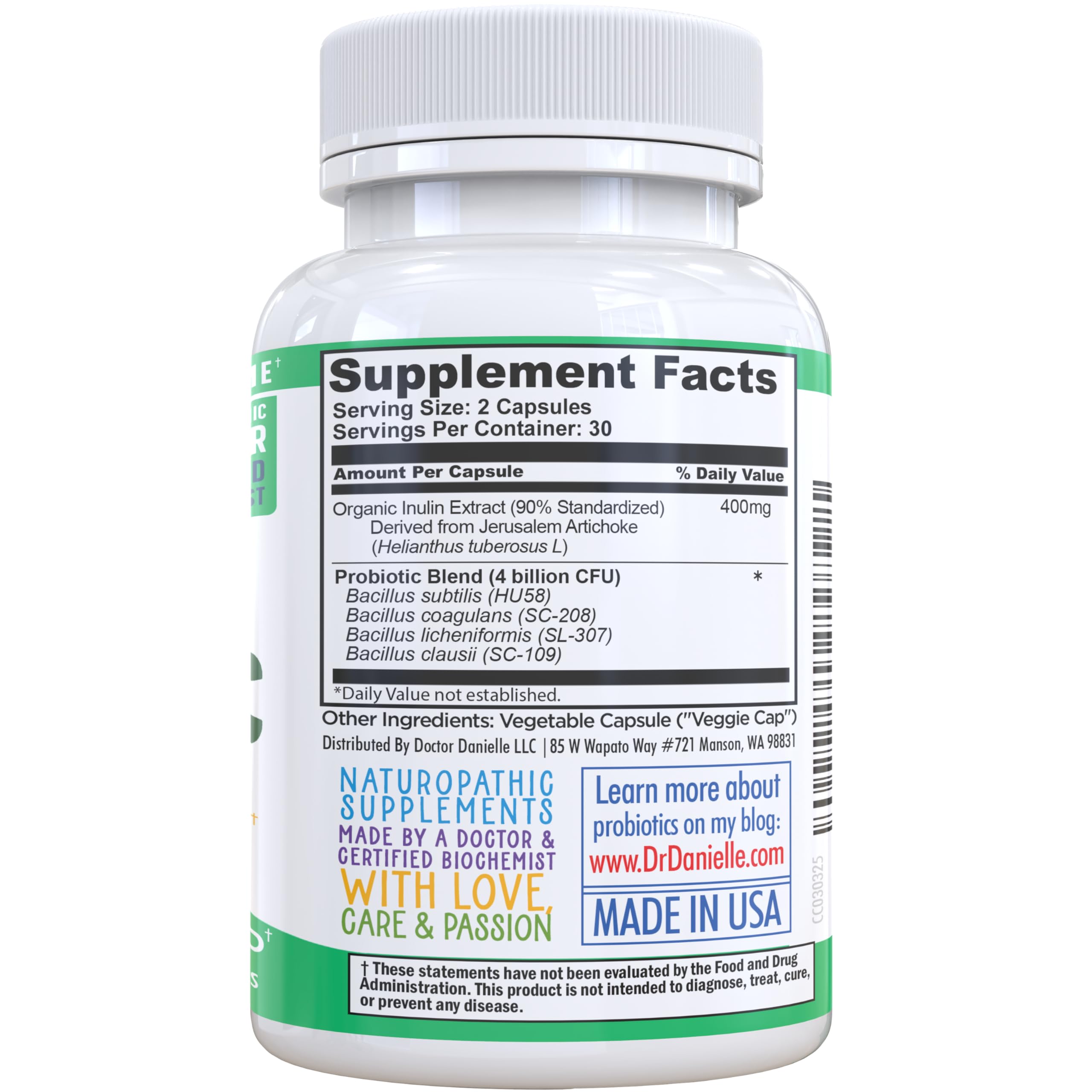 Dr. Danielle Probiotic bottle back with usage directions for adults.