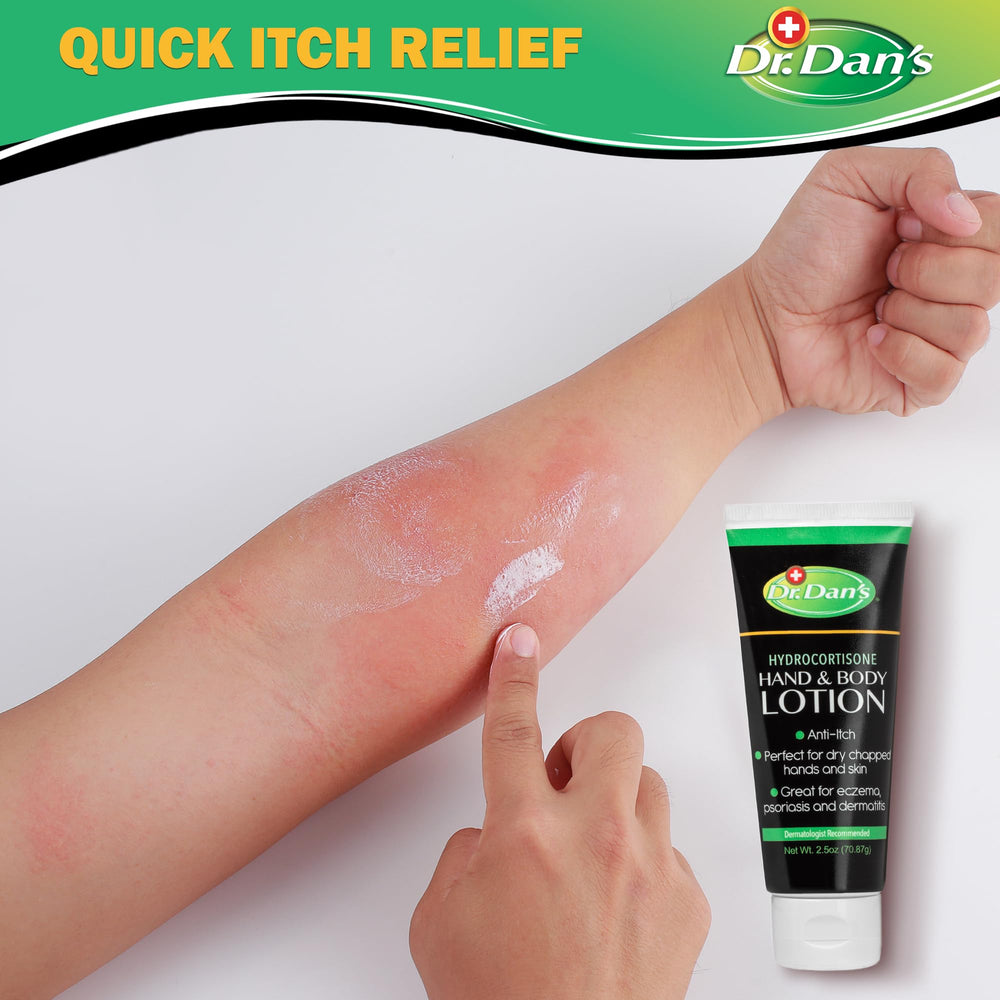 Three-pack packaging from Dr. Dan's Hydrocortisone lotion for family use.