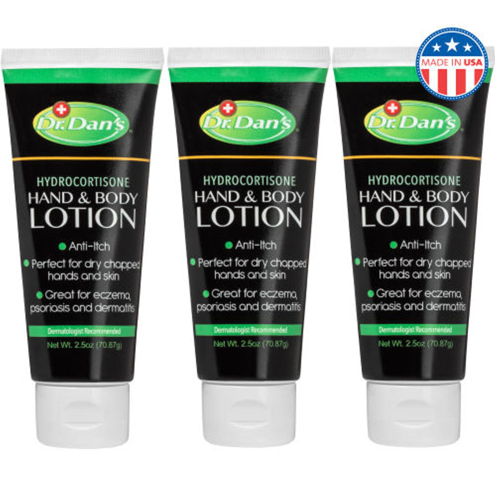Dr. Dan's Hydrocortisone lotion bottle labeled for itch relief on dry skin.
