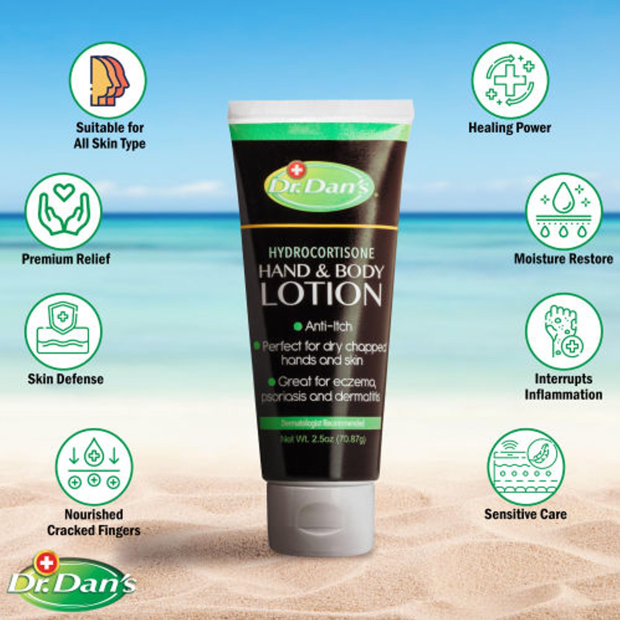 Texture close-up of Dr. Dan's Hydrocortisone lotion soothing dry, irritated skin.