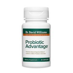 Dr. David Williams Probiotic Advantage bottle with seven strains shown for daily balance