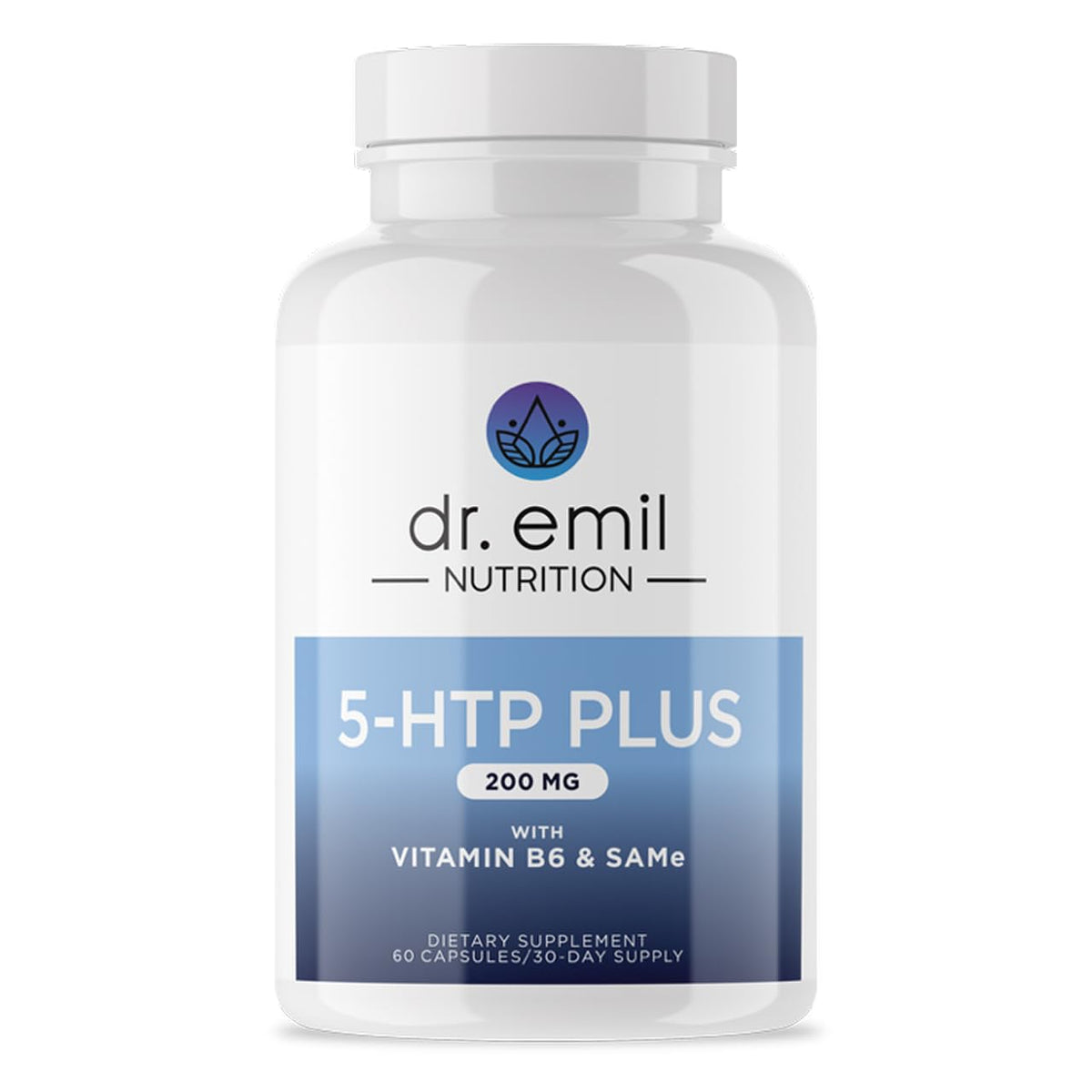 DR. EMIL NUTRITION 200mg 5-HTP Plus bottle showing daily capsules for mood balance.