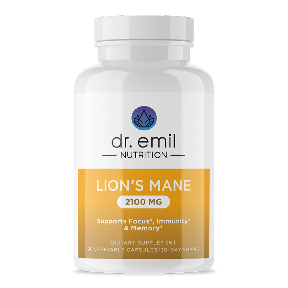 DR. EMIL NUTRITION Lion's Mane capsule close-up highlighting focus support