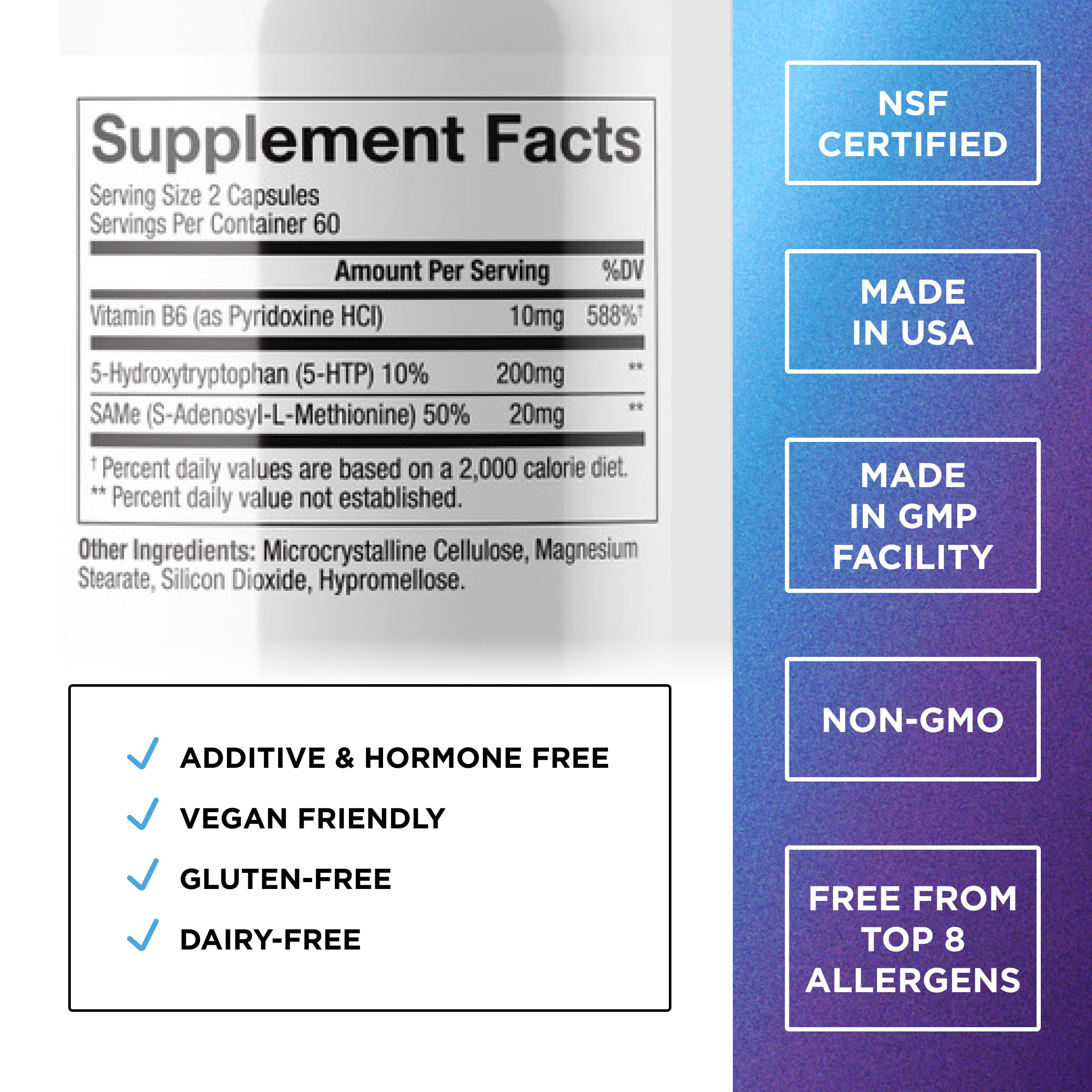 Closeup of DR. EMIL NUTRITION 5-HTP Plus capsules for easy daily use