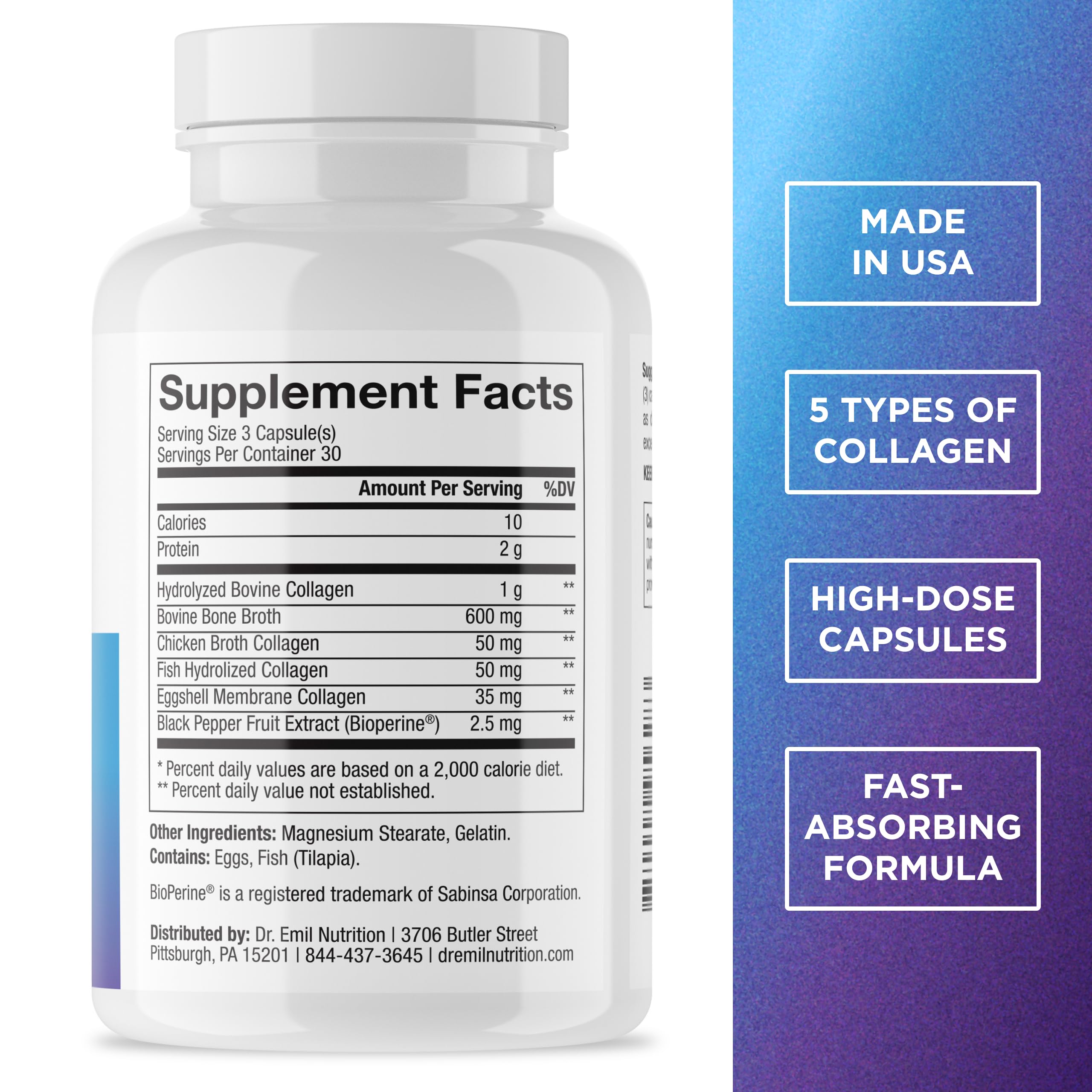 DR. EMIL NUTRITION capsules closeup highlighting hydrolyzed collagen for joints and skin.