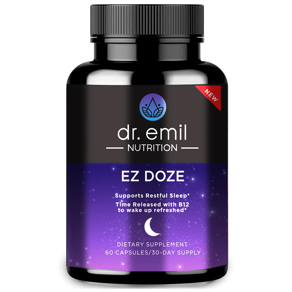 DR. EMIL NUTRITION EZ Doze bottle-front shows melatonin-free sleep support for a calmer night.